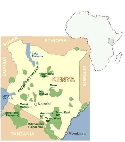 A map of Africa highlighting top honeymoon safaris destinations, with Kenya emphasized.